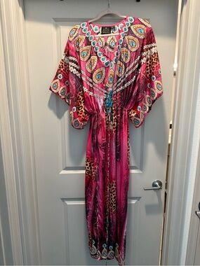 ASA Kaftans Pink Bohemian Maxi Dress with Embellished Neckline